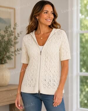 Heather B Hooded Zip Cardigan Sweater Small Cream 100% Cotton Open Knit Coastal